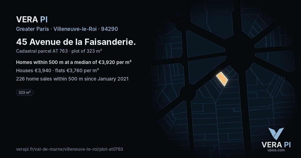 45 Avenue de la Faisanderie, Villeneuve-le-Roi at night – the plot lit, the parcels around coloured by the prices near them