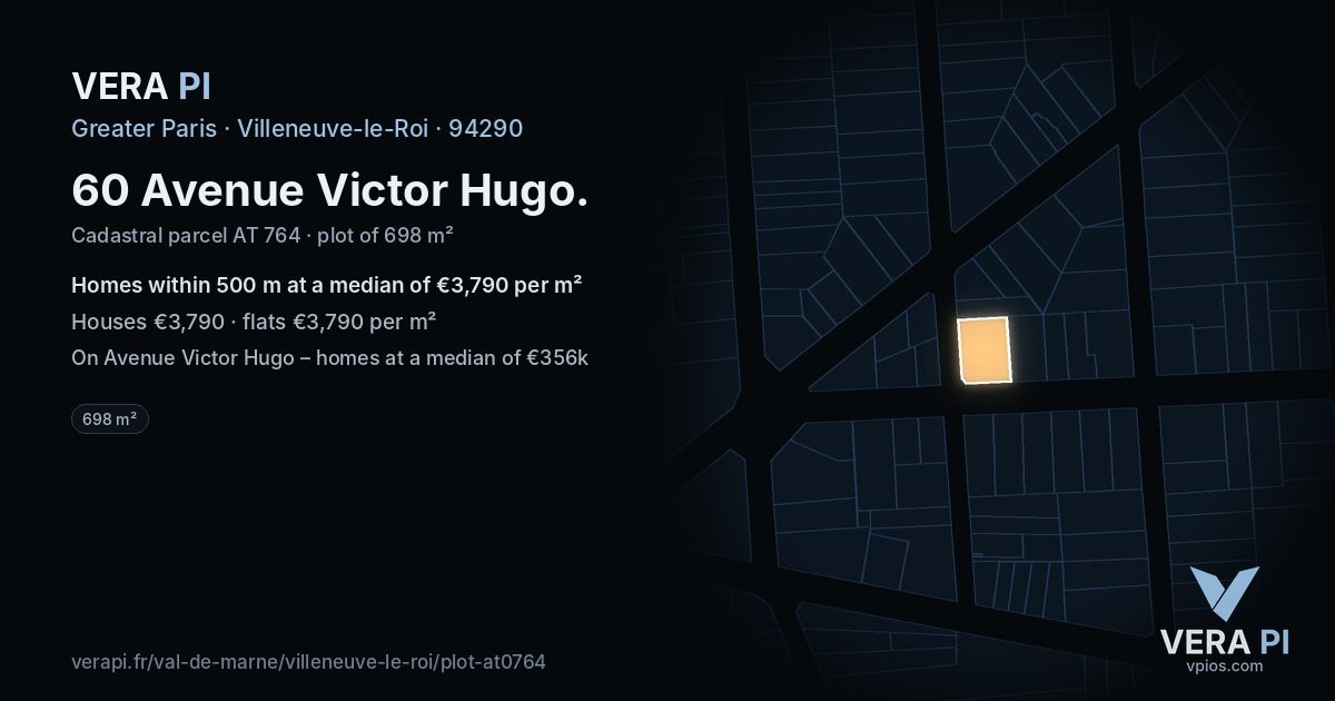 60 Avenue Victor Hugo, Villeneuve-le-Roi at night – the plot lit, the parcels around coloured by the prices near them