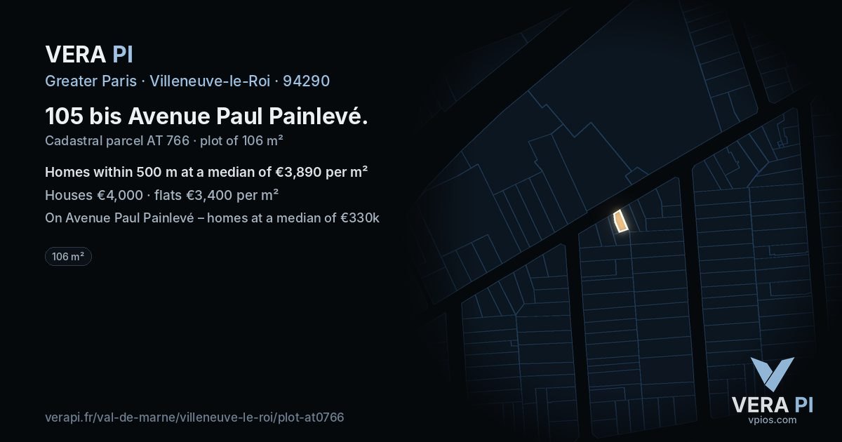 105 bis Avenue Paul Painlevé, Villeneuve-le-Roi at night – the plot lit, the parcels around coloured by the prices near them