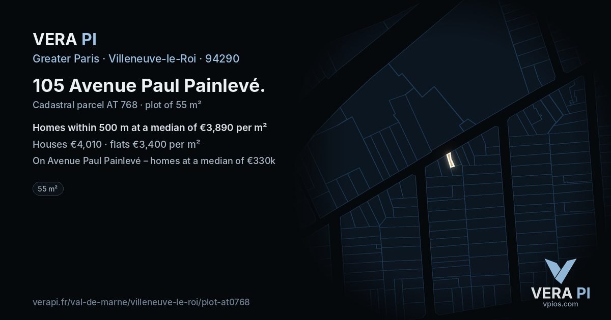 105 Avenue Paul Painlevé, Villeneuve-le-Roi at night – the plot lit, the parcels around coloured by the prices near them