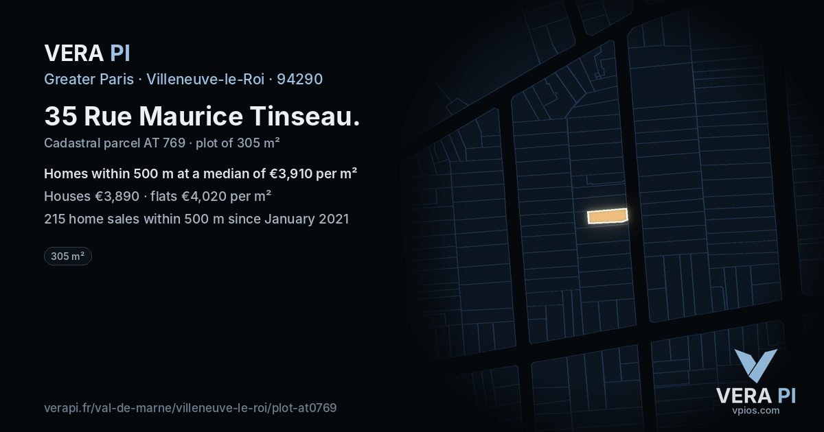 35 Rue Maurice Tinseau, Villeneuve-le-Roi at night – the plot lit, the parcels around coloured by the prices near them