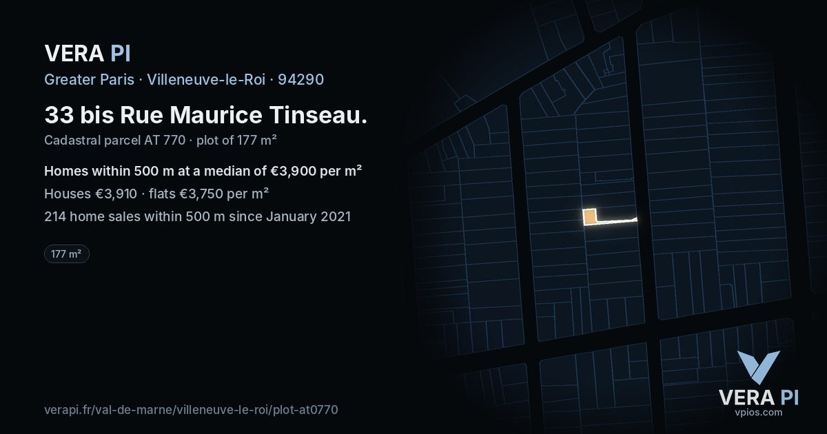 33 bis Rue Maurice Tinseau, Villeneuve-le-Roi at night – the plot lit, the parcels around coloured by the prices near them