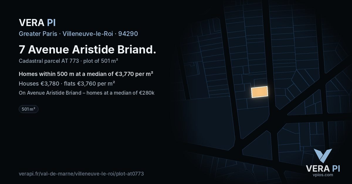7 Avenue Aristide Briand, Villeneuve-le-Roi at night – the plot lit, the parcels around coloured by the prices near them