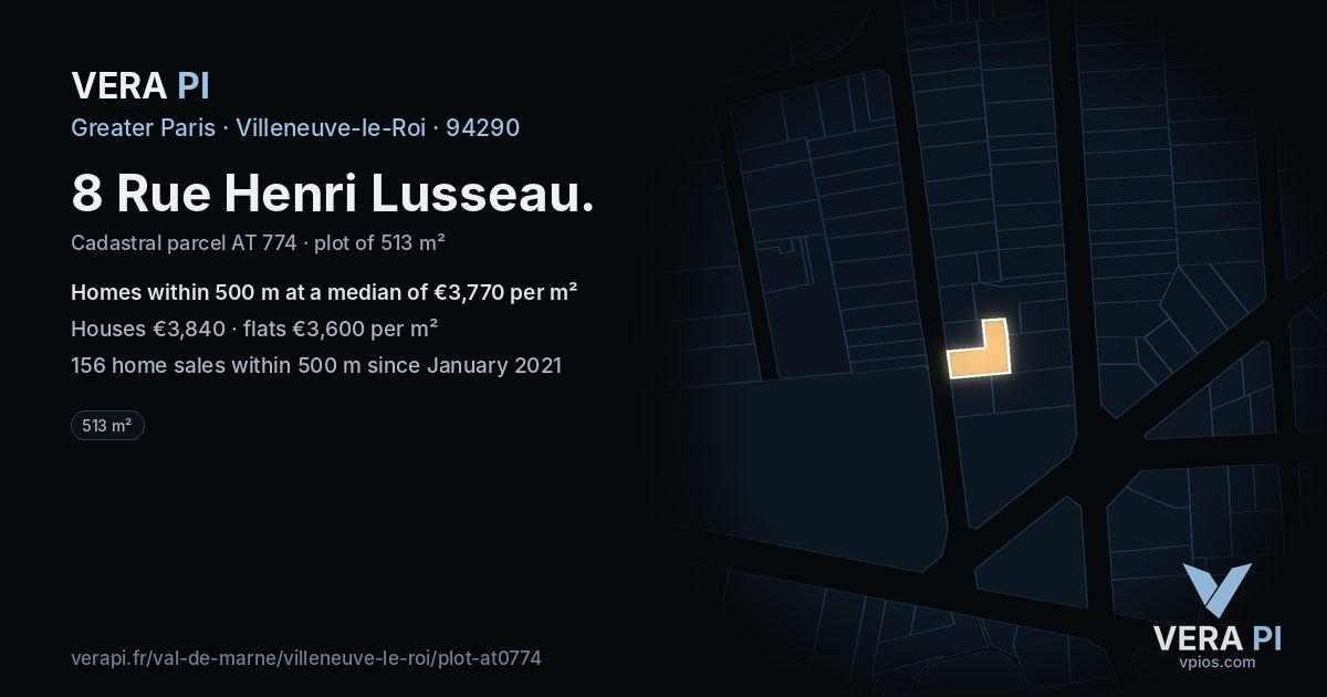8 Rue Henri Lusseau, Villeneuve-le-Roi at night – the plot lit, the parcels around coloured by the prices near them
