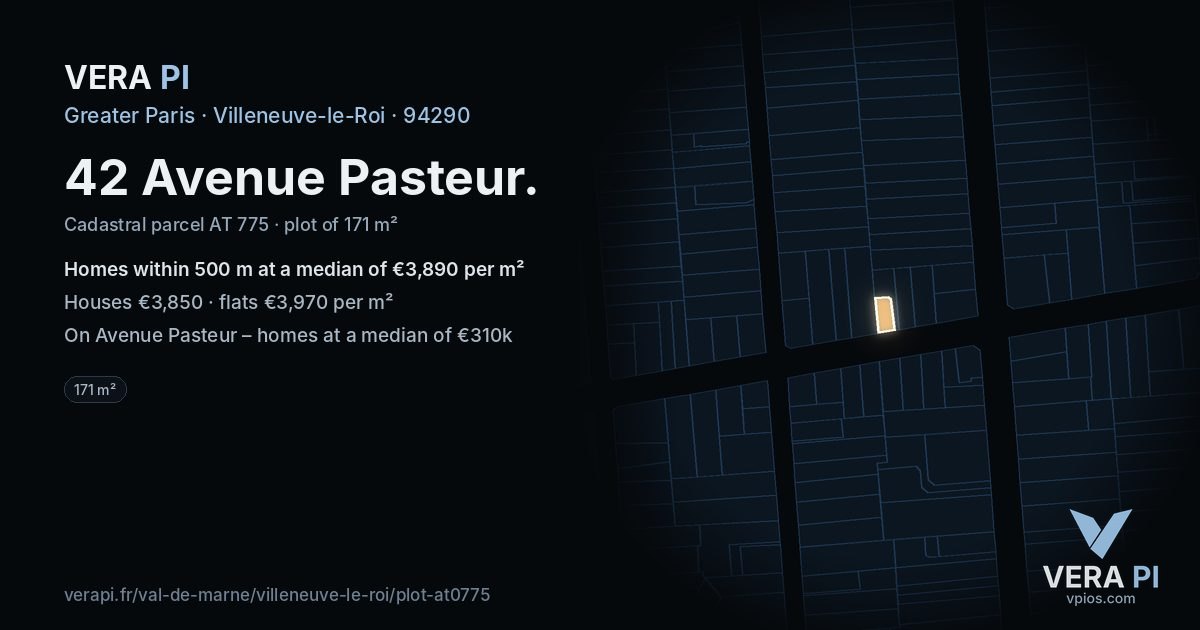 42 Avenue Pasteur, Villeneuve-le-Roi at night – the plot lit, the parcels around coloured by the prices near them