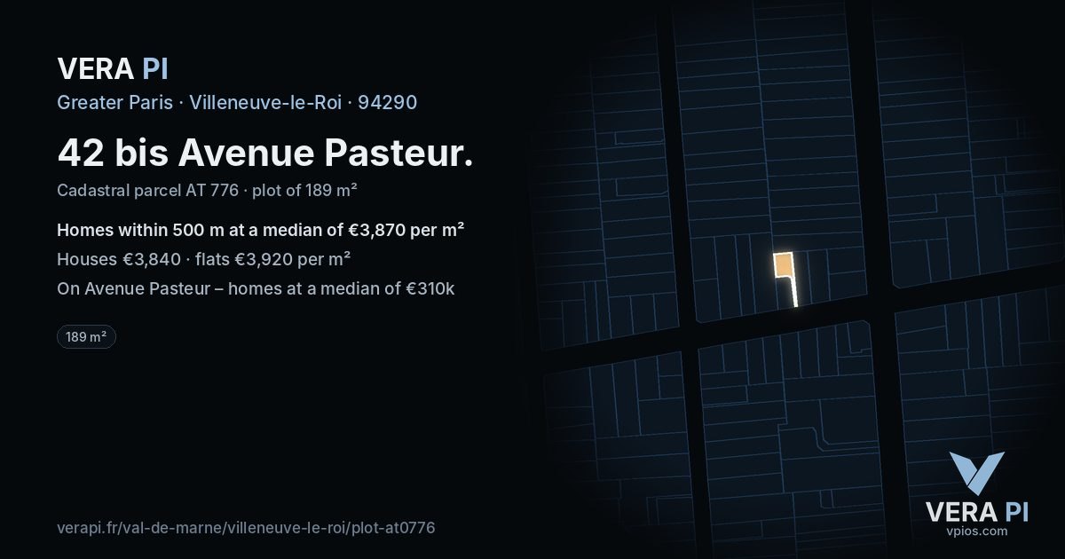 42 bis Avenue Pasteur, Villeneuve-le-Roi at night – the plot lit, the parcels around coloured by the prices near them