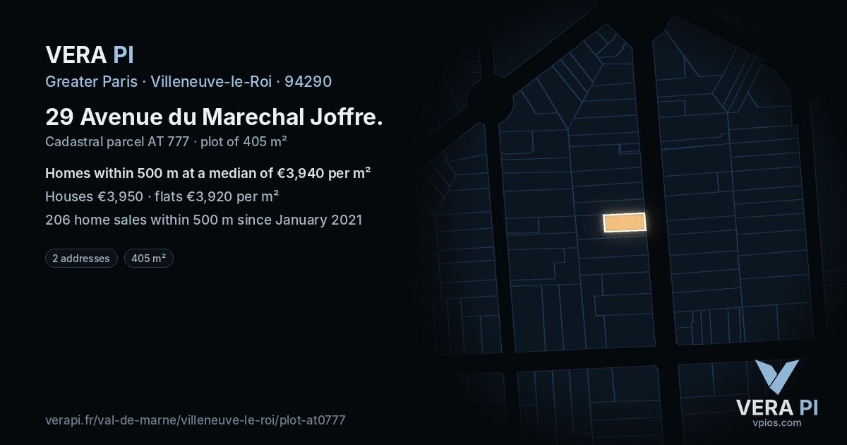29 Avenue du Marechal Joffre, Villeneuve-le-Roi at night – the plot lit, the parcels around coloured by the prices near them