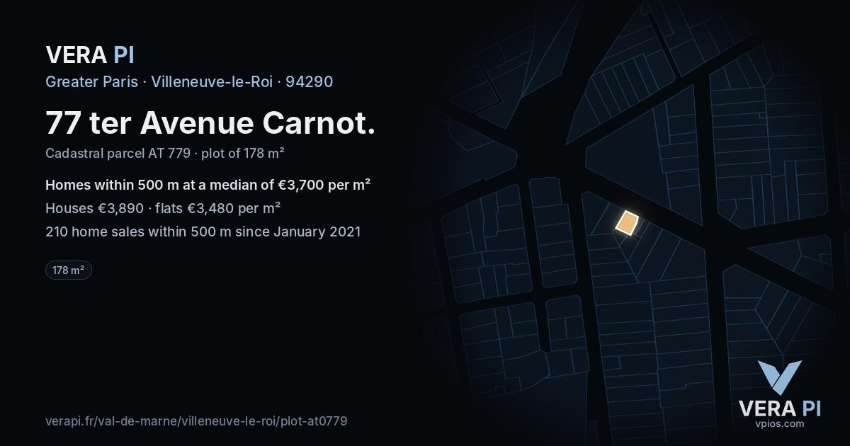 77 ter Avenue Carnot, Villeneuve-le-Roi at night – the plot lit, the parcels around coloured by the prices near them