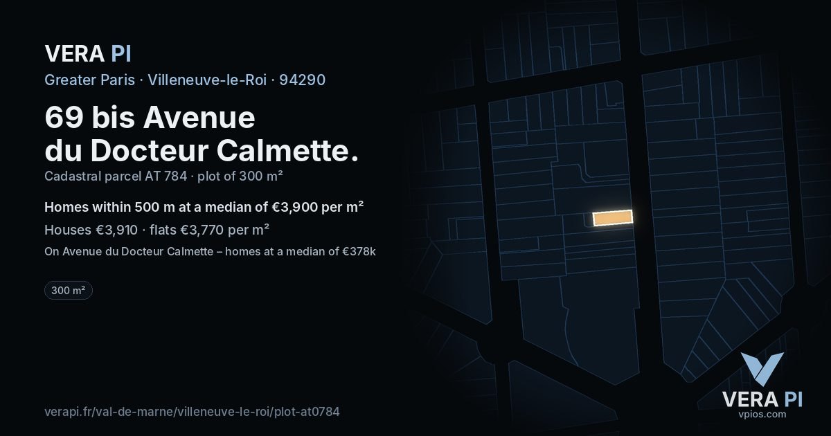 69 bis Avenue du Docteur Calmette, Villeneuve-le-Roi at night – the plot lit, the parcels around coloured by the prices near them