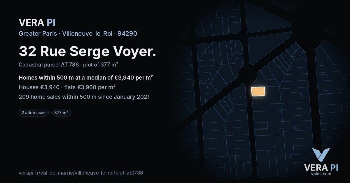32 Rue Serge Voyer, Villeneuve-le-Roi at night – the plot lit, the parcels around coloured by the prices near them