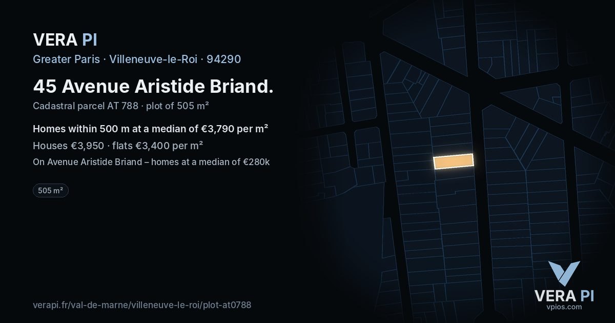 45 Avenue Aristide Briand, Villeneuve-le-Roi at night – the plot lit, the parcels around coloured by the prices near them