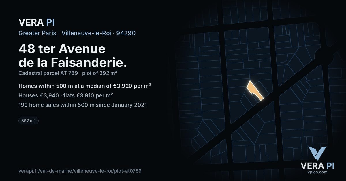 48 ter Avenue de la Faisanderie, Villeneuve-le-Roi at night – the plot lit, the parcels around coloured by the prices near them