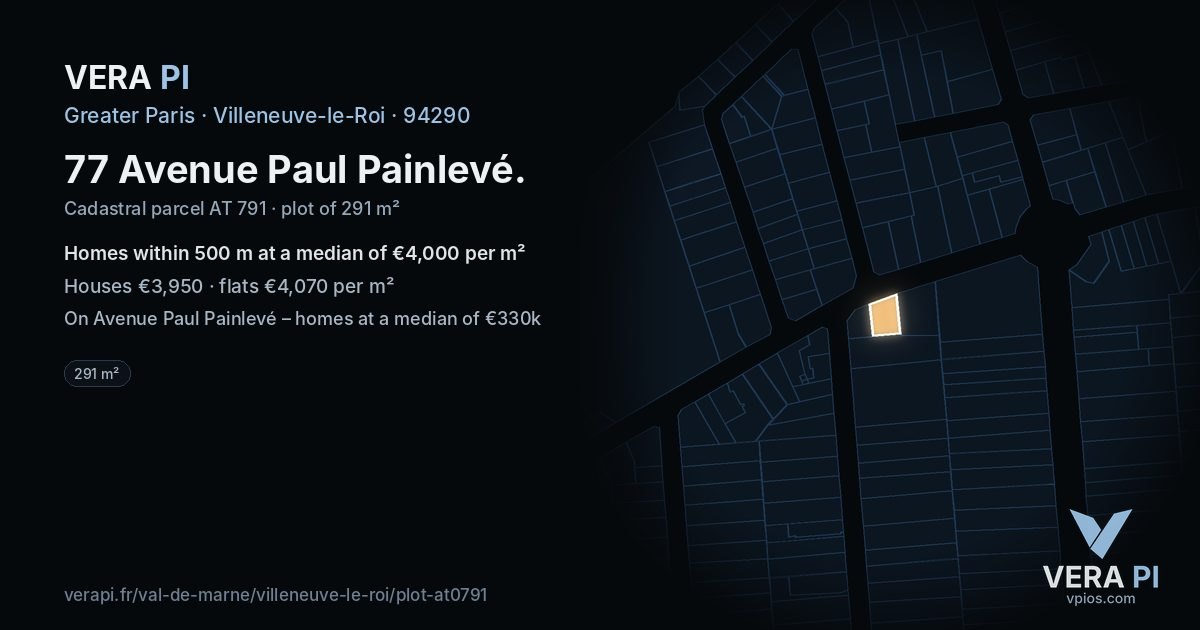 77 Avenue Paul Painlevé, Villeneuve-le-Roi at night – the plot lit, the parcels around coloured by the prices near them