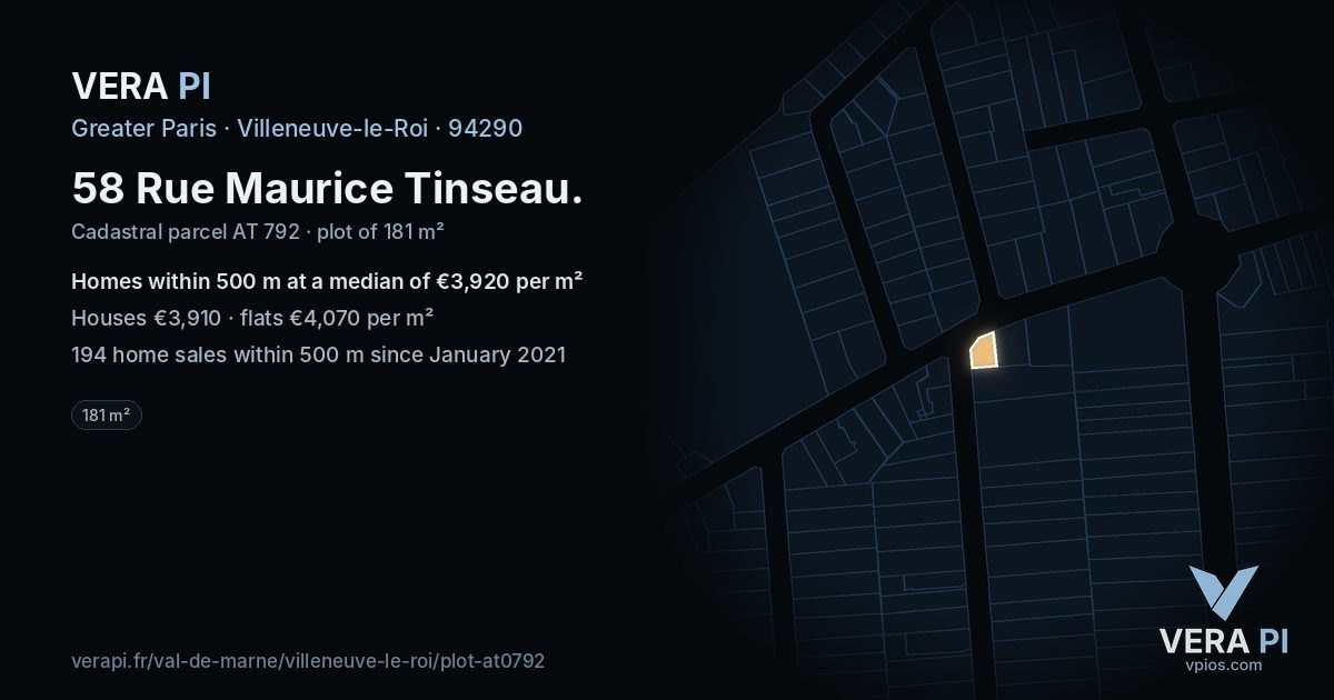 58 Rue Maurice Tinseau, Villeneuve-le-Roi at night – the plot lit, the parcels around coloured by the prices near them