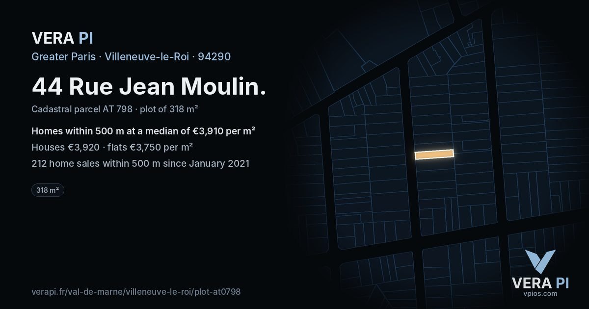 44 Rue Jean Moulin, Villeneuve-le-Roi at night – the plot lit, the parcels around coloured by the prices near them