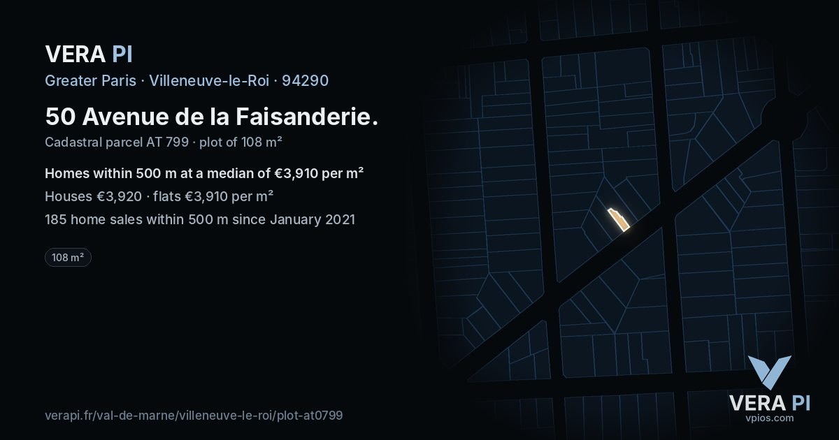 50 Avenue de la Faisanderie, Villeneuve-le-Roi at night – the plot lit, the parcels around coloured by the prices near them