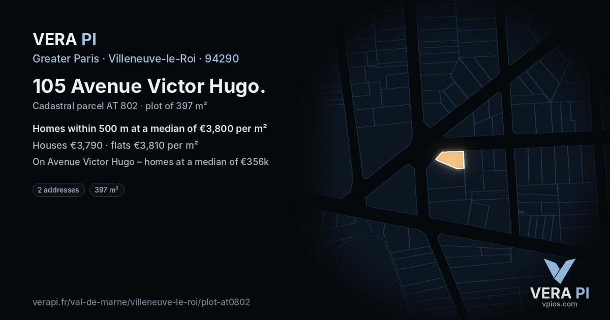 105 Avenue Victor Hugo, Villeneuve-le-Roi at night – the plot lit, the parcels around coloured by the prices near them