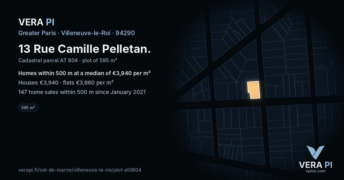 13 Rue Camille Pelletan, Villeneuve-le-Roi at night – the plot lit, the parcels around coloured by the prices near them