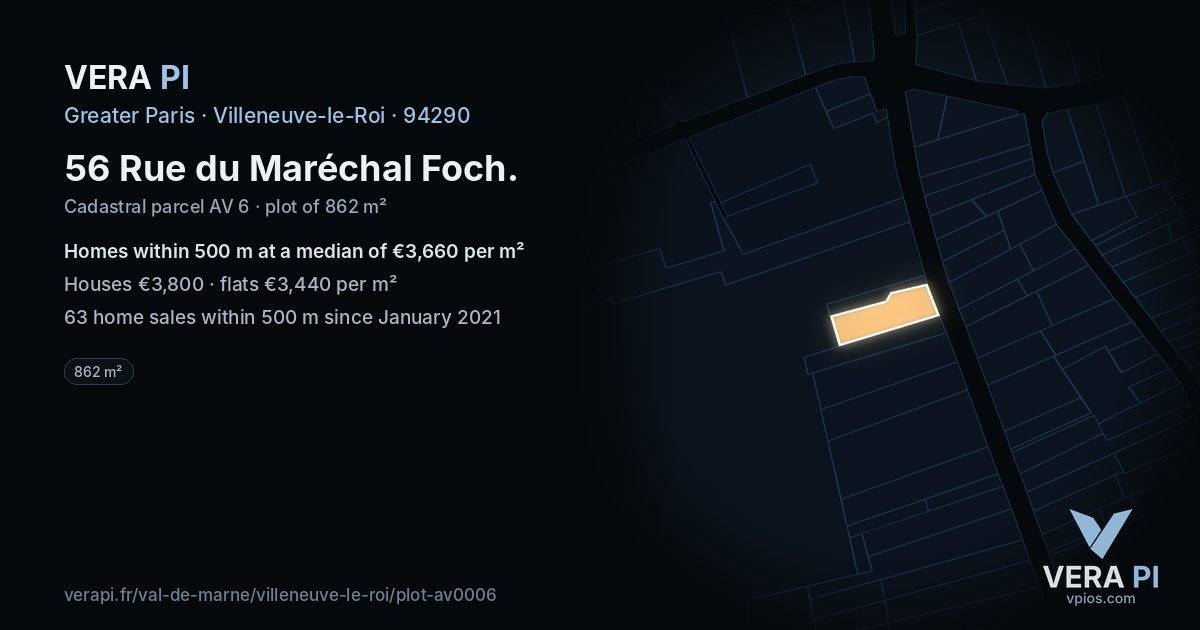 56 Rue du Maréchal Foch, Villeneuve-le-Roi at night – the plot lit, the parcels around coloured by the prices near them