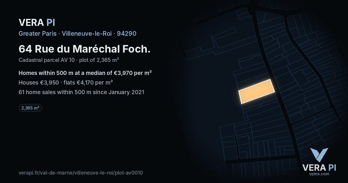 64 Rue du Maréchal Foch, Villeneuve-le-Roi at night – the plot lit, the parcels around coloured by the prices near them