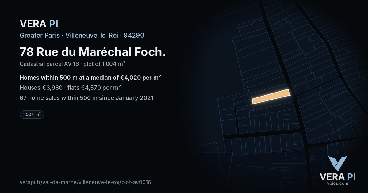 78 Rue du Maréchal Foch, Villeneuve-le-Roi at night – the plot lit, the parcels around coloured by the prices near them