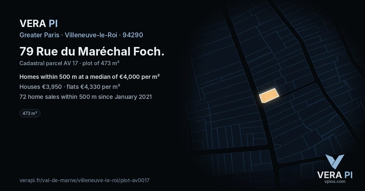 79 Rue du Maréchal Foch, Villeneuve-le-Roi at night – the plot lit, the parcels around coloured by the prices near them