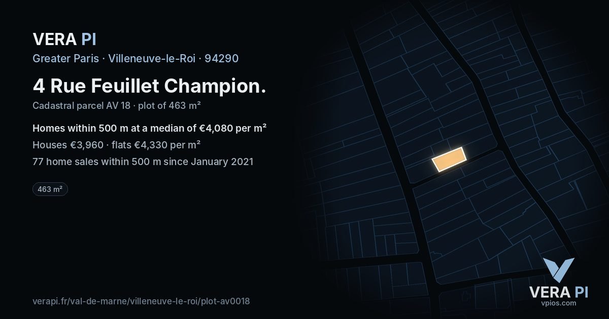 4 Rue Feuillet Champion, Villeneuve-le-Roi at night – the plot lit, the parcels around coloured by the prices near them