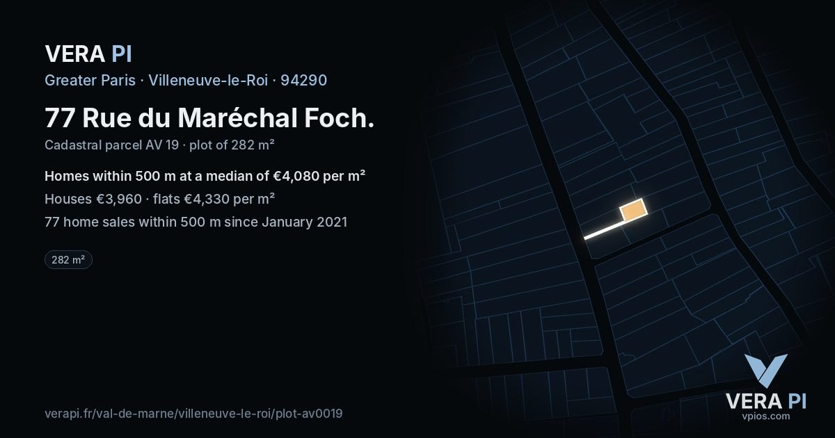 77 Rue du Maréchal Foch, Villeneuve-le-Roi at night – the plot lit, the parcels around coloured by the prices near them