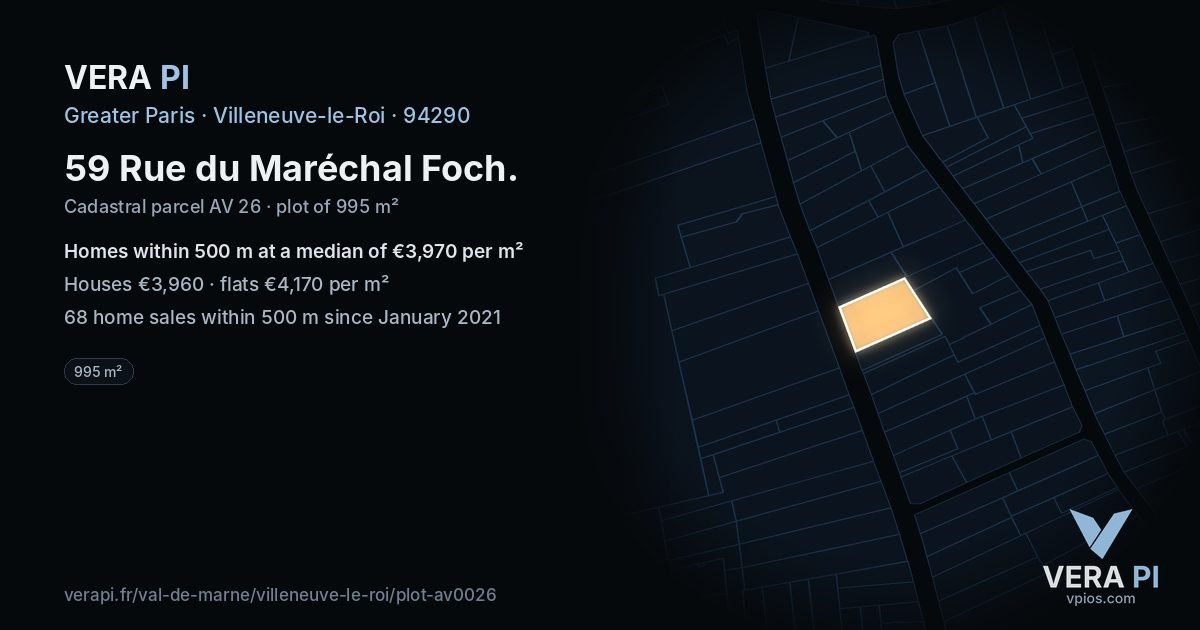 59 Rue du Maréchal Foch, Villeneuve-le-Roi at night – the plot lit, the parcels around coloured by the prices near them