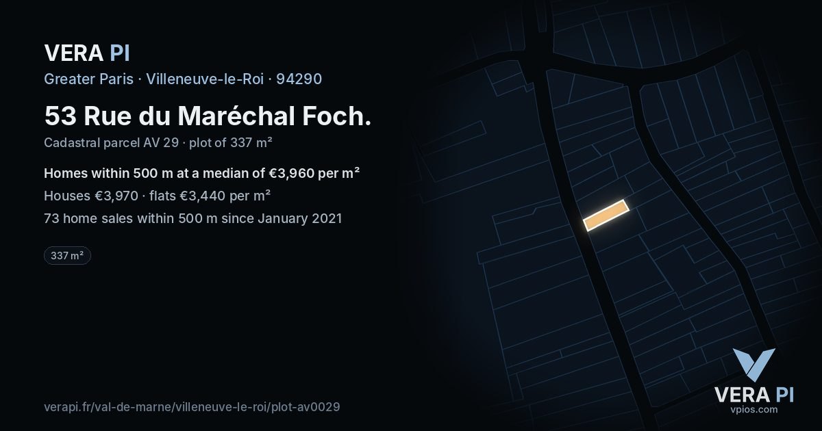 53 Rue du Maréchal Foch, Villeneuve-le-Roi at night – the plot lit, the parcels around coloured by the prices near them