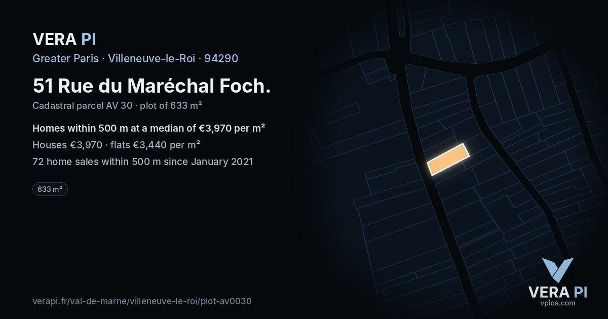 51 Rue du Maréchal Foch, Villeneuve-le-Roi at night – the plot lit, the parcels around coloured by the prices near them