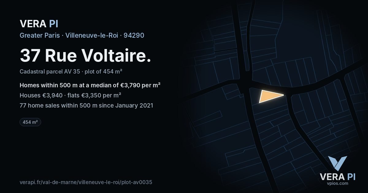 37 Rue Voltaire, Villeneuve-le-Roi at night – the plot lit, the parcels around coloured by the prices near them