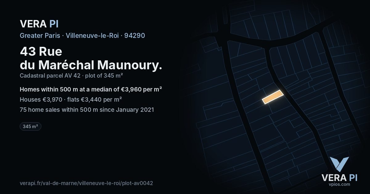 43 Rue du Maréchal Maunoury, Villeneuve-le-Roi at night – the plot lit, the parcels around coloured by the prices near them