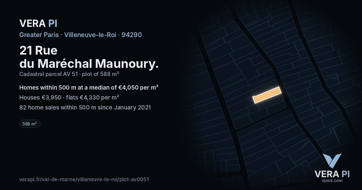 21 Rue du Maréchal Maunoury, Villeneuve-le-Roi at night – the plot lit, the parcels around coloured by the prices near them