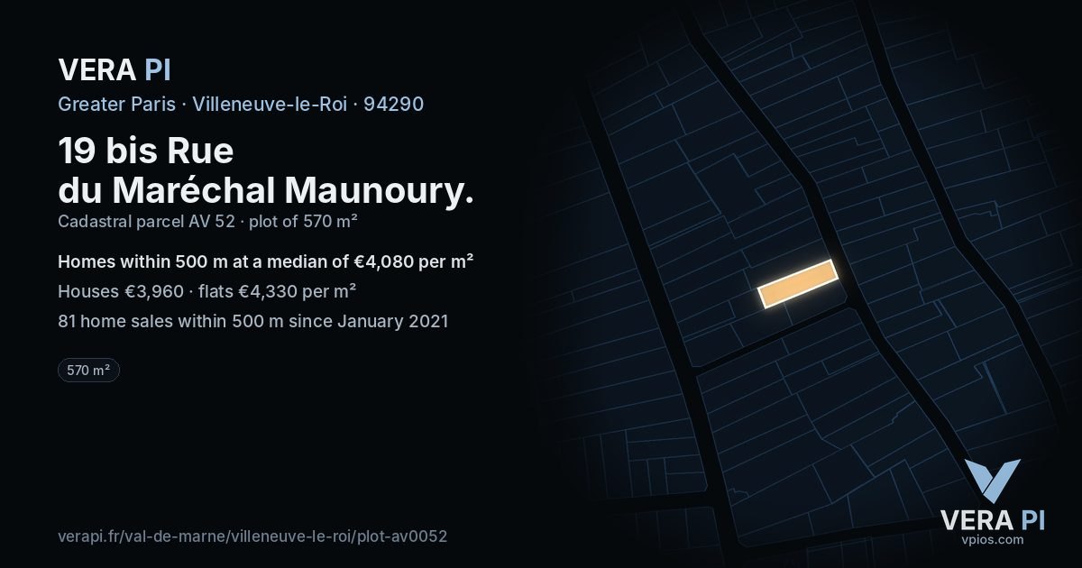 19 bis Rue du Maréchal Maunoury, Villeneuve-le-Roi at night – the plot lit, the parcels around coloured by the prices near them