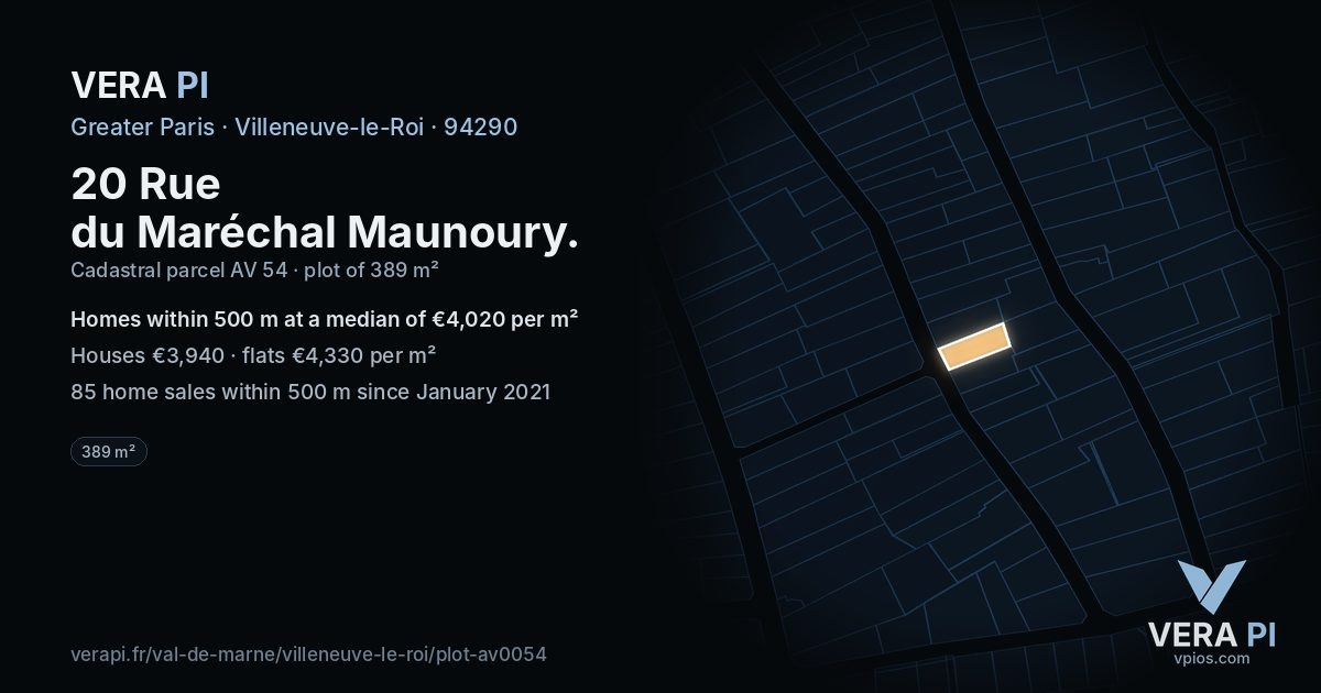 20 Rue du Maréchal Maunoury, Villeneuve-le-Roi at night – the plot lit, the parcels around coloured by the prices near them