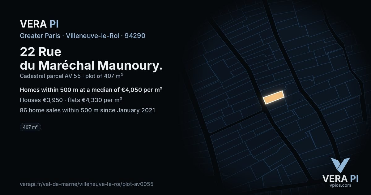 22 Rue du Maréchal Maunoury, Villeneuve-le-Roi at night – the plot lit, the parcels around coloured by the prices near them