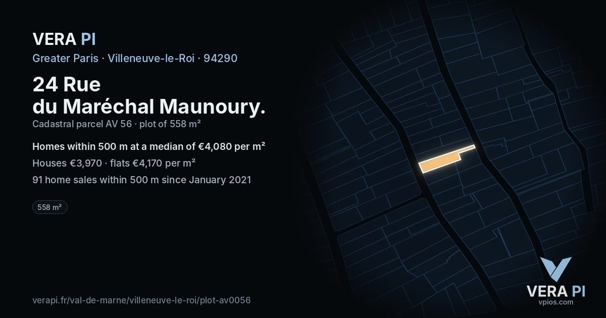 24 Rue du Maréchal Maunoury, Villeneuve-le-Roi at night – the plot lit, the parcels around coloured by the prices near them