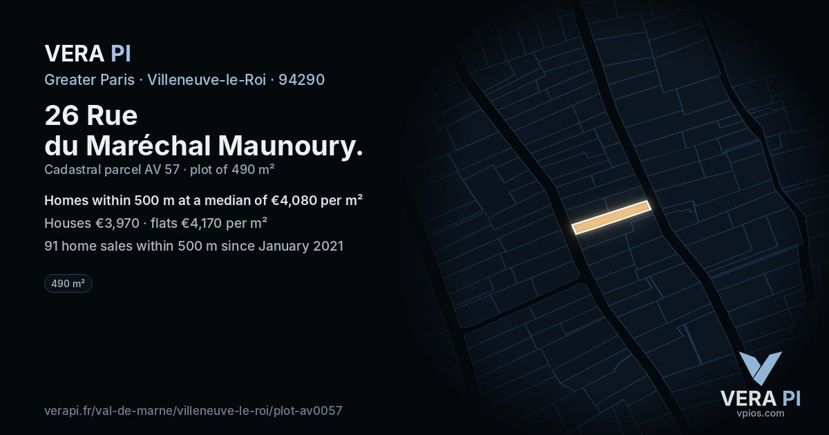 26 Rue du Maréchal Maunoury, Villeneuve-le-Roi at night – the plot lit, the parcels around coloured by the prices near them