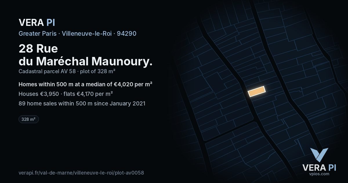 28 Rue du Maréchal Maunoury, Villeneuve-le-Roi at night – the plot lit, the parcels around coloured by the prices near them