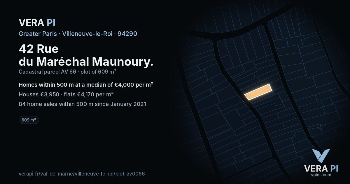 42 Rue du Maréchal Maunoury, Villeneuve-le-Roi at night – the plot lit, the parcels around coloured by the prices near them