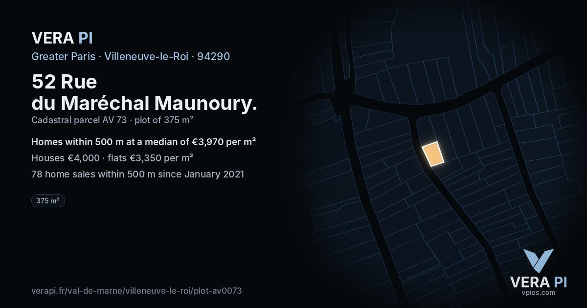52 Rue du Maréchal Maunoury, Villeneuve-le-Roi at night – the plot lit, the parcels around coloured by the prices near them