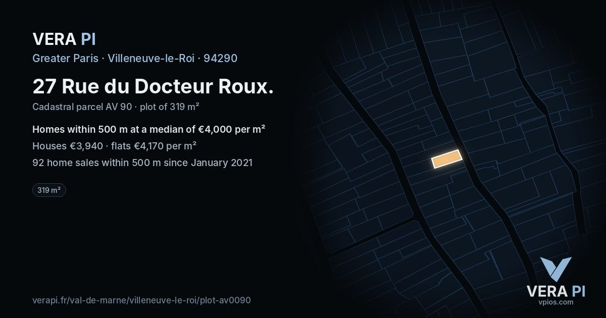 27 Rue du Docteur Roux, Villeneuve-le-Roi at night – the plot lit, the parcels around coloured by the prices near them