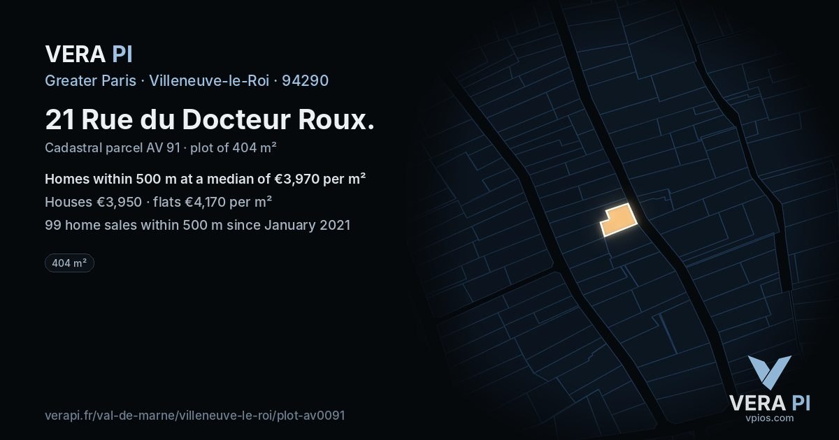 21 Rue du Docteur Roux, Villeneuve-le-Roi at night – the plot lit, the parcels around coloured by the prices near them