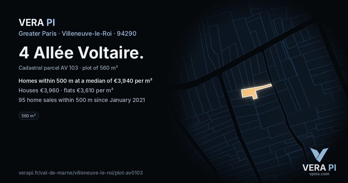 4 Allée Voltaire, Villeneuve-le-Roi at night – the plot lit, the parcels around coloured by the prices near them