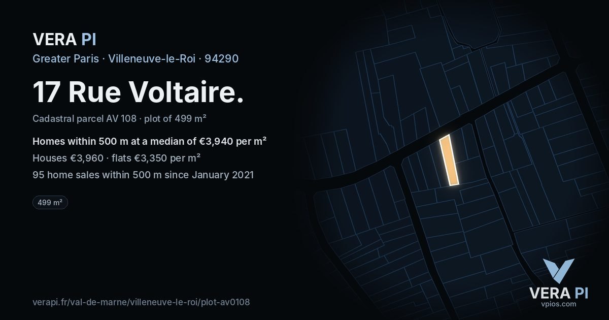 17 Rue Voltaire, Villeneuve-le-Roi at night – the plot lit, the parcels around coloured by the prices near them