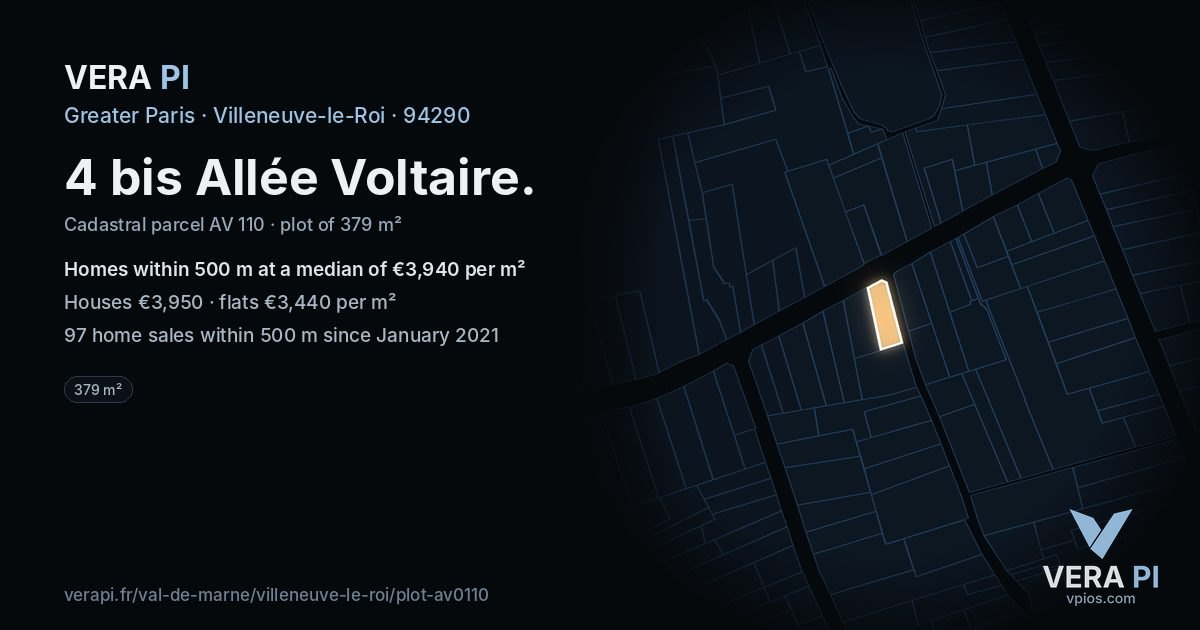 4 bis Allée Voltaire, Villeneuve-le-Roi at night – the plot lit, the parcels around coloured by the prices near them