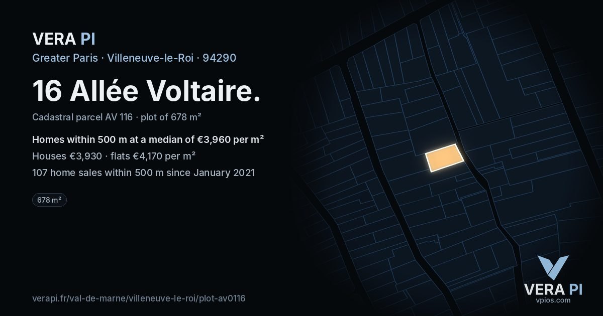 16 Allée Voltaire, Villeneuve-le-Roi at night – the plot lit, the parcels around coloured by the prices near them