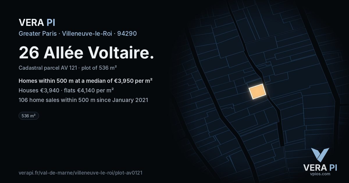 26 Allée Voltaire, Villeneuve-le-Roi at night – the plot lit, the parcels around coloured by the prices near them