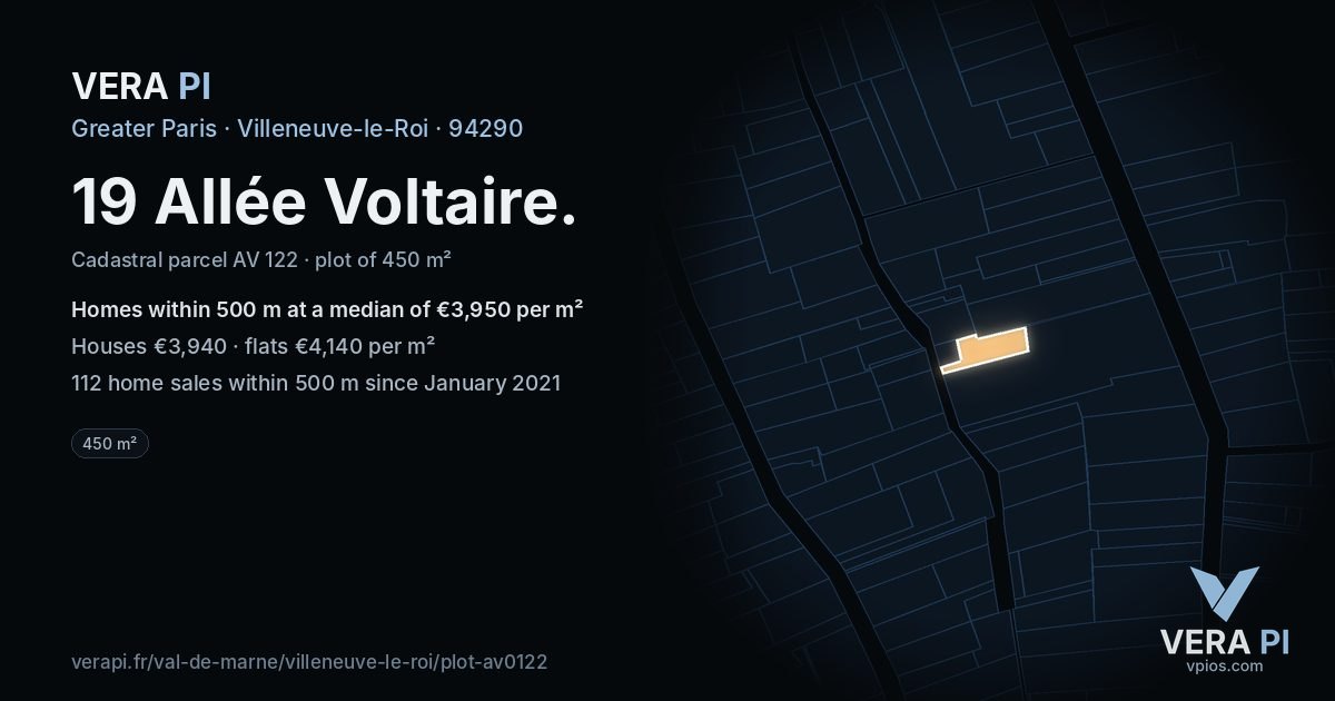19 Allée Voltaire, Villeneuve-le-Roi at night – the plot lit, the parcels around coloured by the prices near them